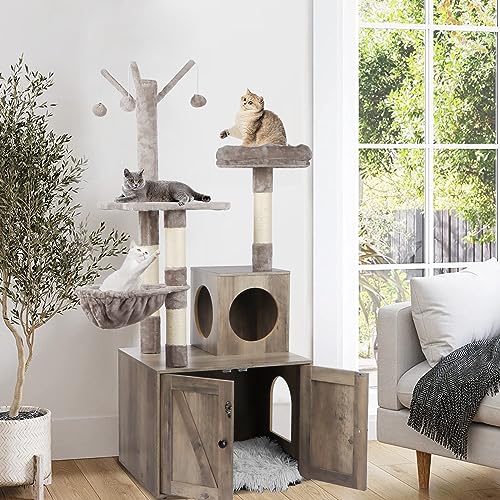 Cat Tree Tower with Litter Box Enclosure, 2-in-1 Wooden Cat Condo with Sisal Scratching Post, Hammock, Brown