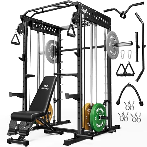 M21 Smith Machine, Multi-Function Power Cage with Dual Pulley Cable Crossover System, 2000LBS All-in-One Squat Rack with Smith Bar and Attachments