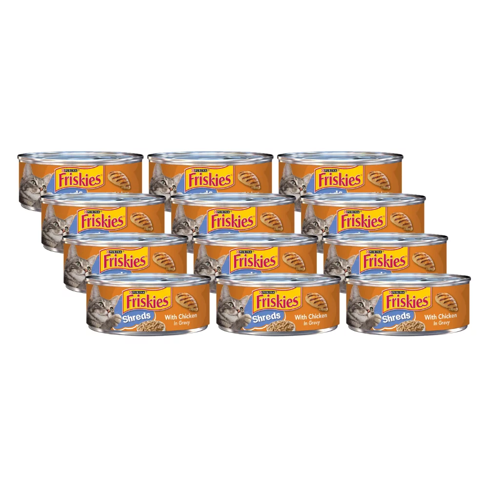 Purina Friskies Shreds Wet Cat Food, With Chicken & Gravy, Made with Real Chicken, Complete & Balanced Nutrition for Adult Cats, 5.5 OZ Can (Pack of 12)