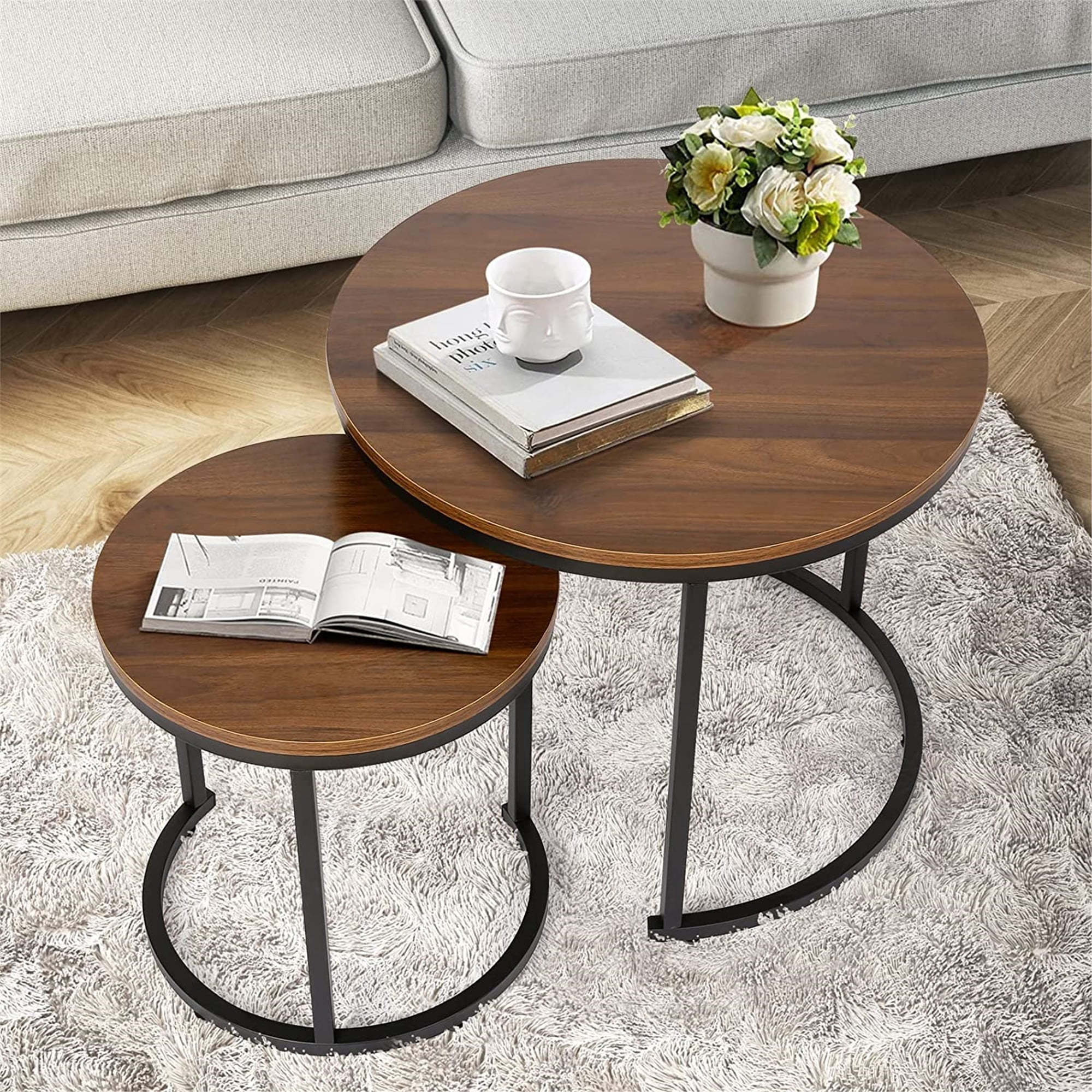 Modern Round Nesting Tables with Metal Frame (Set of 2) (White & Black)