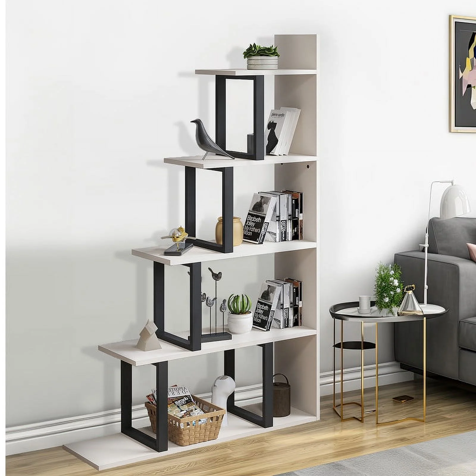 DWVO 5-Tier Bookshelf, Ladder Etagere Bookcase,L-Shape Display Rack Storage Shelf, Freestanding Open Corner Bookshelves for Office, Bedroom, Living Room, Study Room, Cream White