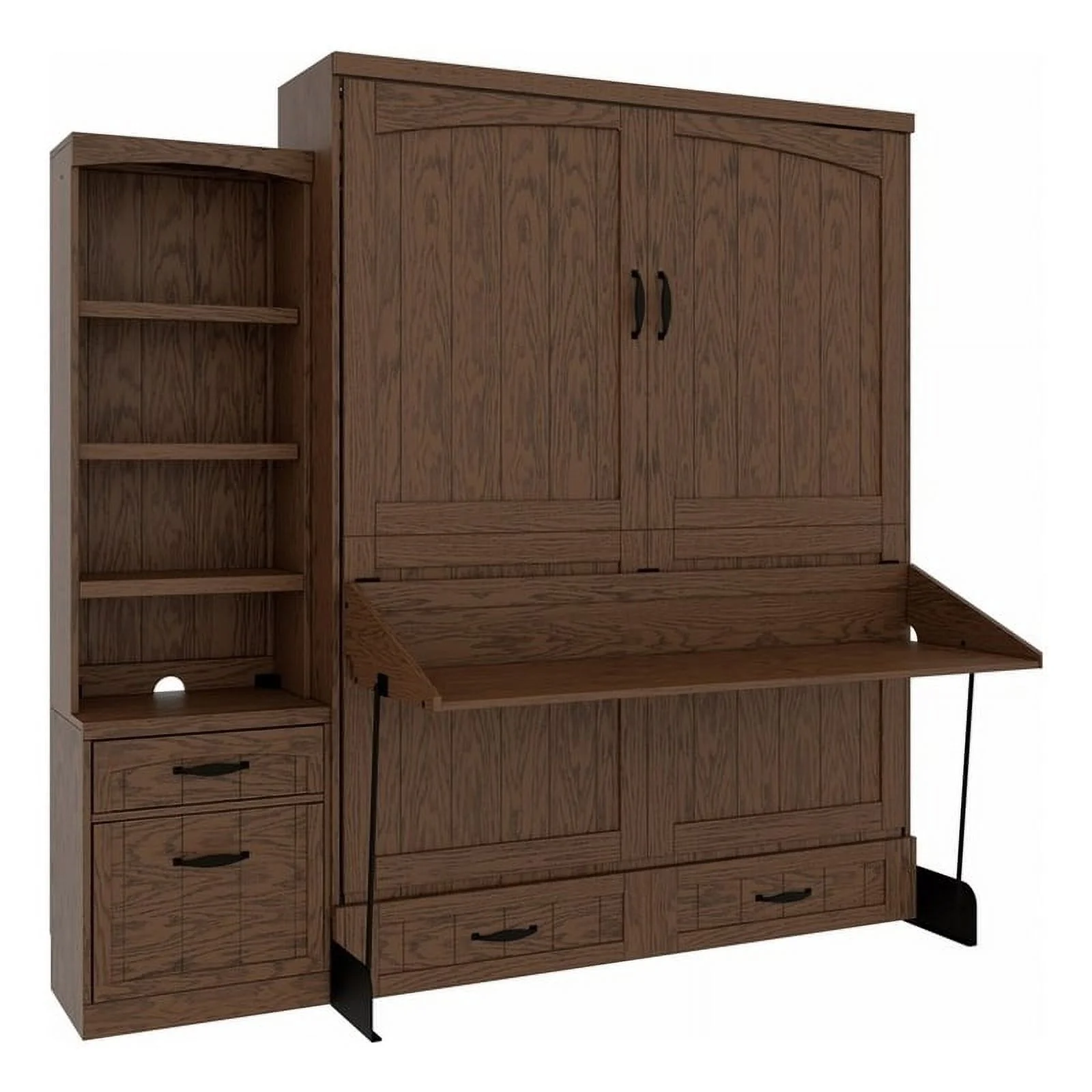 RoomAndLoft Cape Cod Wood Queen Murphy Wall Desk Bed & Shelf Storage in Brown
