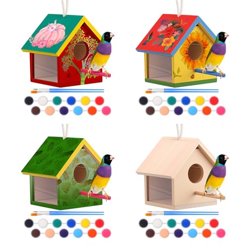 Geelin 4 Set Bird Houses Kits Bird House to Paint DIY Craft Wooden Birdhouse with Lanyard and Post Outdoor Window Hanging Birdhouse for Finch Bluebird Hummingbird, Including 10 Color Paints and Brush