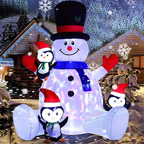 DearHouse 7Ft Lighted Christmas Inflatable Snowman with Three Cute Penguins, Rotating 7 Color Changing Lights Building 3 LED Lights Outdoor Indoor Holiday Yard Inflatables Home Decor