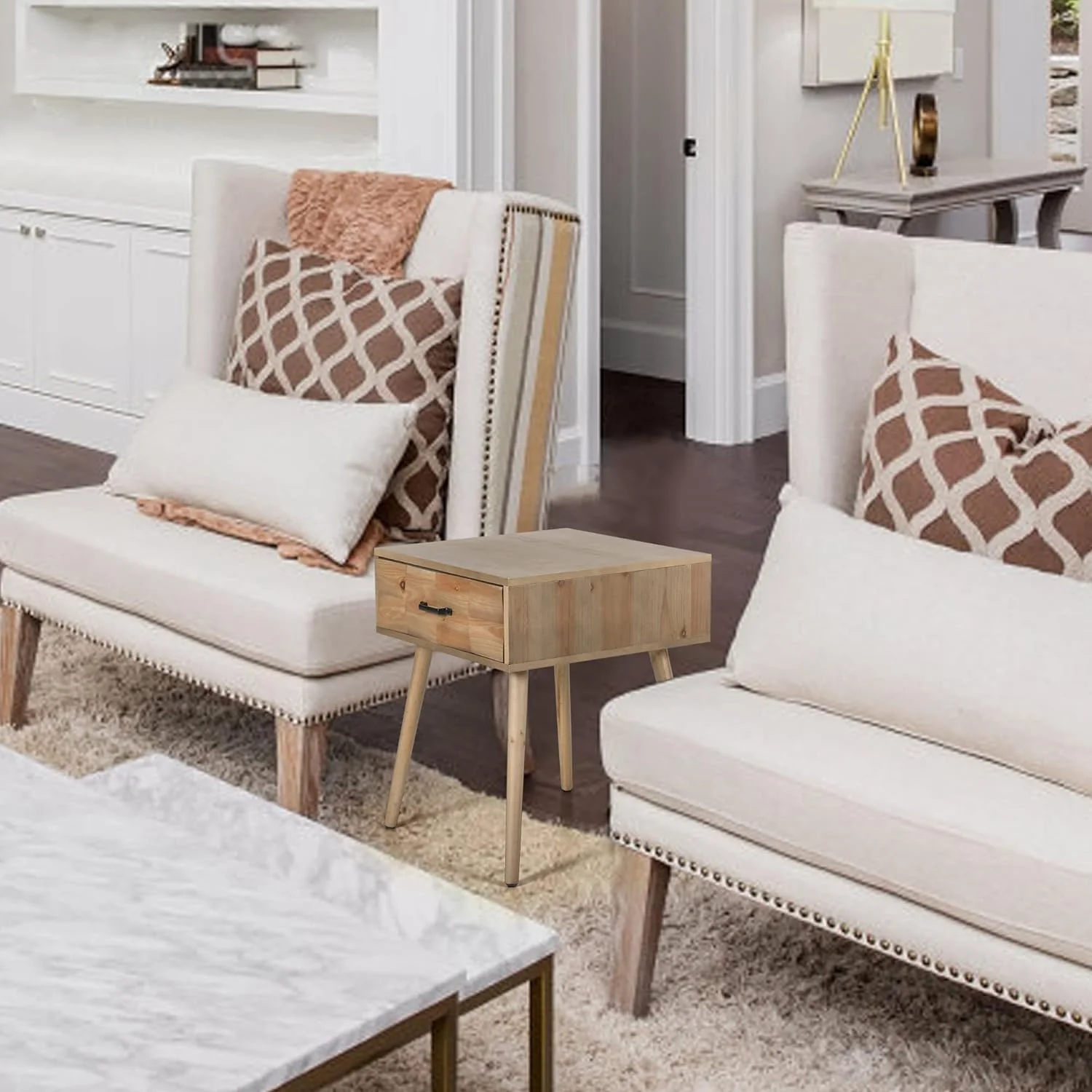 Farmhouse Modern Wood Square Coffee End Side Tables Nightstand Rustic With Storage Drawer Small Accent Bedside Table For Living Room Bedroom Sofa