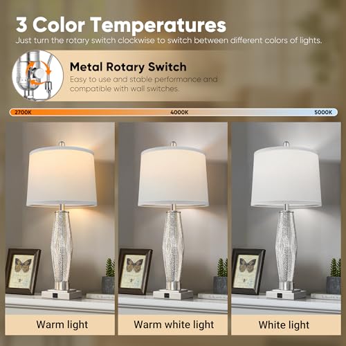 QiMH Table Lamps Set of 2, Bedroom Lamp with USB A+C Charging Ports, Modern Beside Lamps for Living Room with White Shade Rotary Switches, Glass Nightstand Lamp Home Decor (LED Bulbs Included)