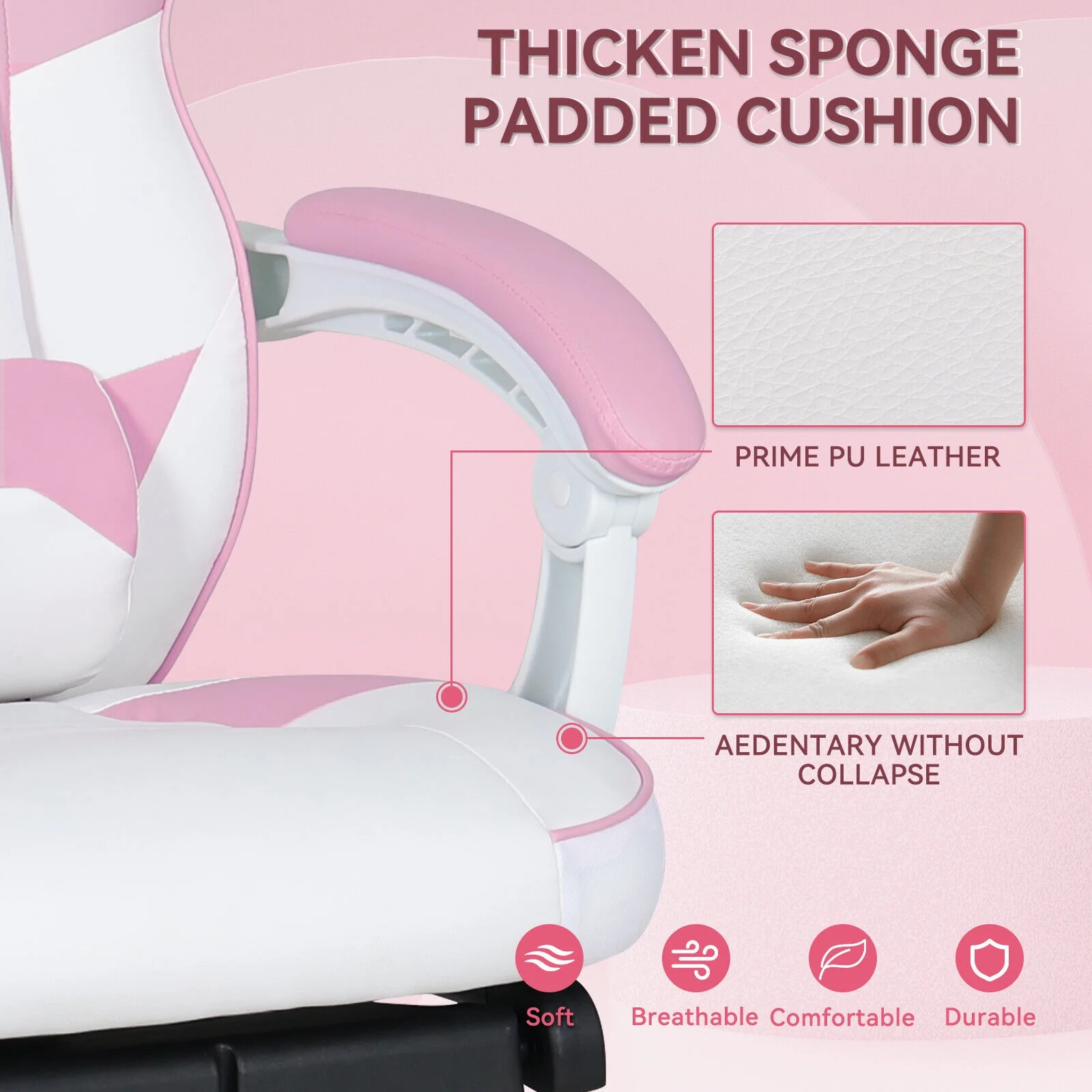 FULLWATT Video Gaming Chair Office Chair Ergonomic PC Computer Chair Reclining Racing Chair with High Back Swivel Executive Office Desk Chair with Extendable Footrest Adjustable Lumbar Pillow Pink