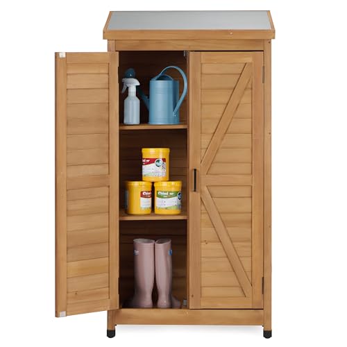 58''x30''x18'' Outdoor Wooden Storage Shed with Metal Top Tall Vertical Tool Cabinet for Backyard Garden Patio Lawn (Gold)