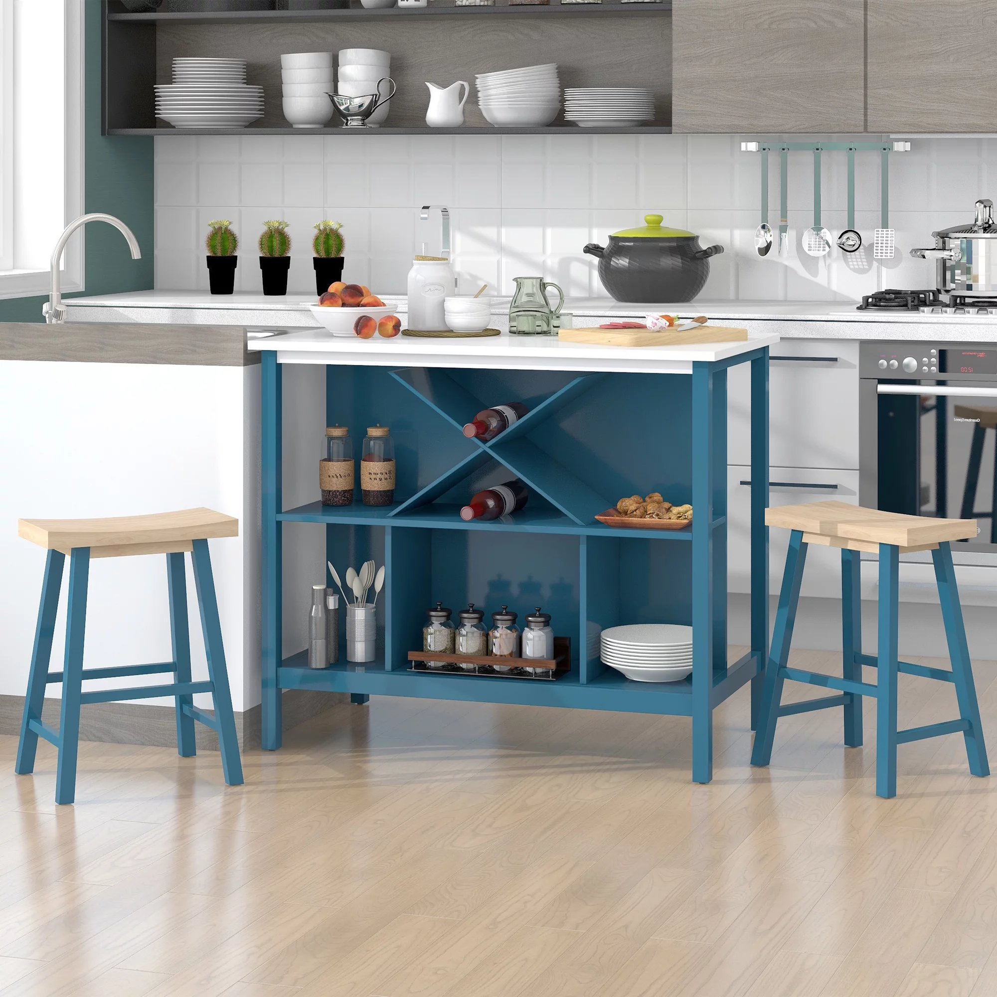 TOPMAX Farmhouse 3-piece Wood Stationary Kitchen Island Set with 2 Seatings, Dining Table Set with Shelves and Wine Rack for Small Places,Blue Frame+White Top