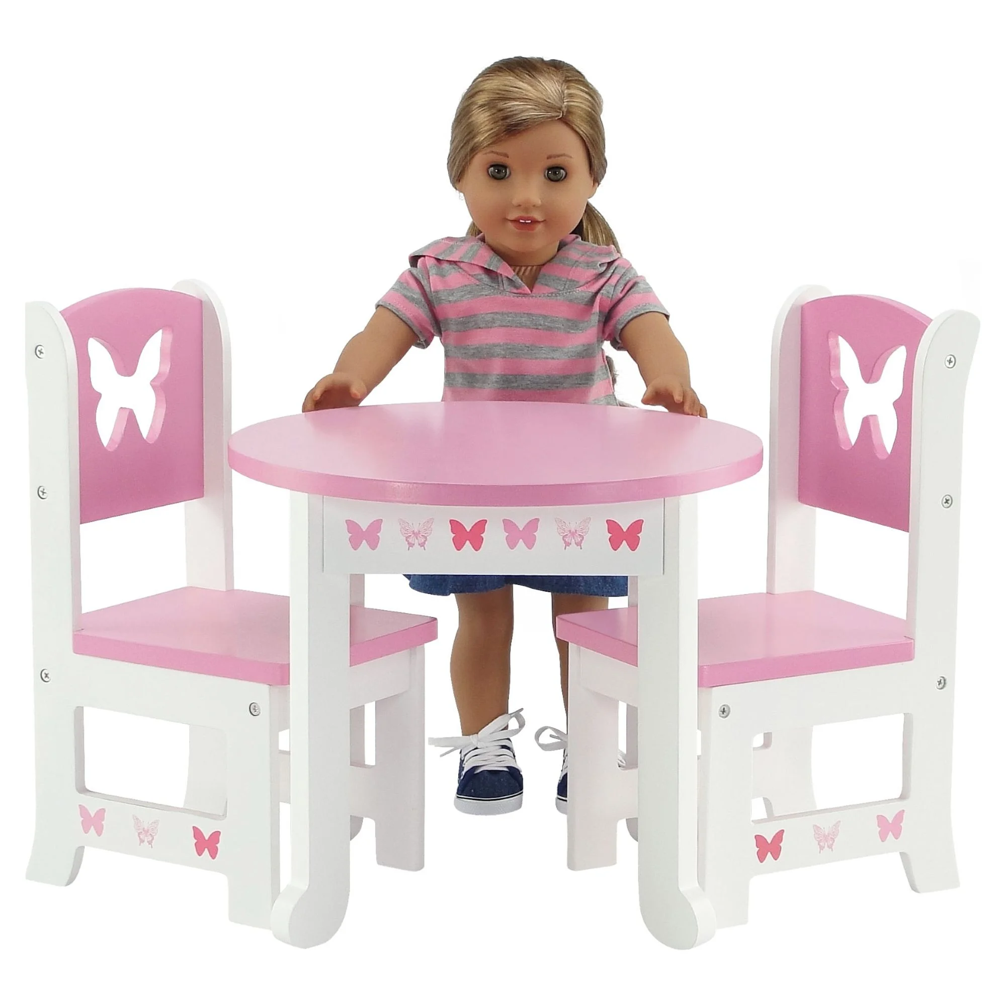Emily Rose 18 Inch Doll Table and 4 Chairs Kitchen Furniture Set | Lovely Pink and White Table and 4 Chair Value Pack Doll Dining Set with Beautiful Butterfly Motif | Fits American Girl Dolls