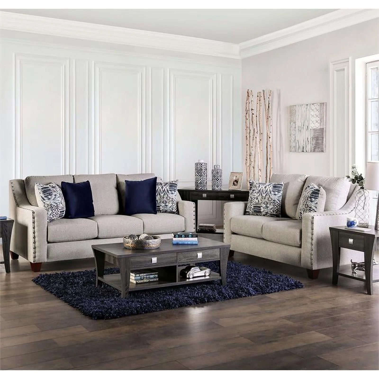 Furniture of America Brill Transitional Fabric Nailhead Sofa in Light Gray