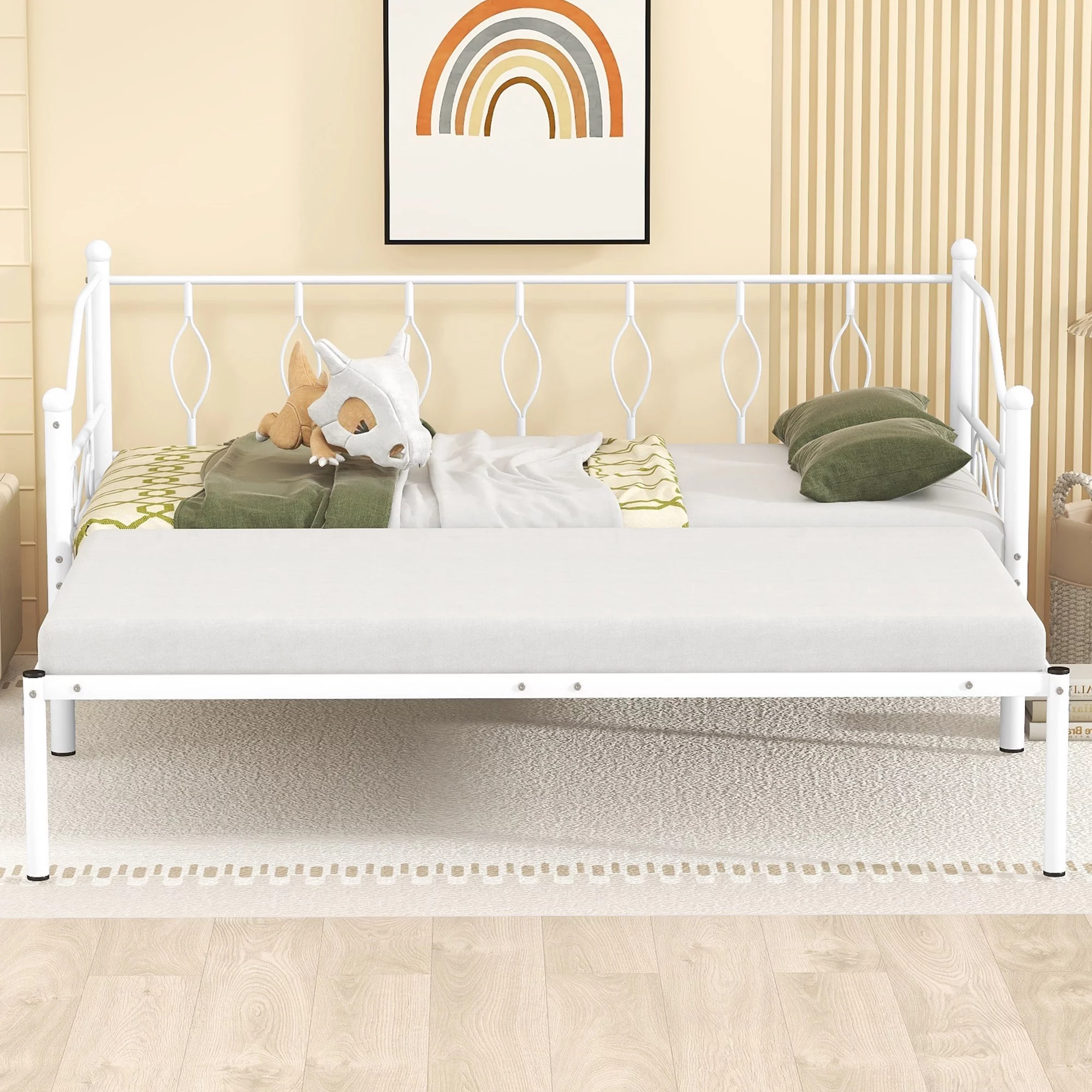 Twin Size Metal Frame Daybed with Trundle, Heavy Duty Steel Slat Support Saving Space Bed Sofa, Bedroom Living Room Furniture for Kids Boys Girls Teens Adults Guests, No Spring Box Needed, White