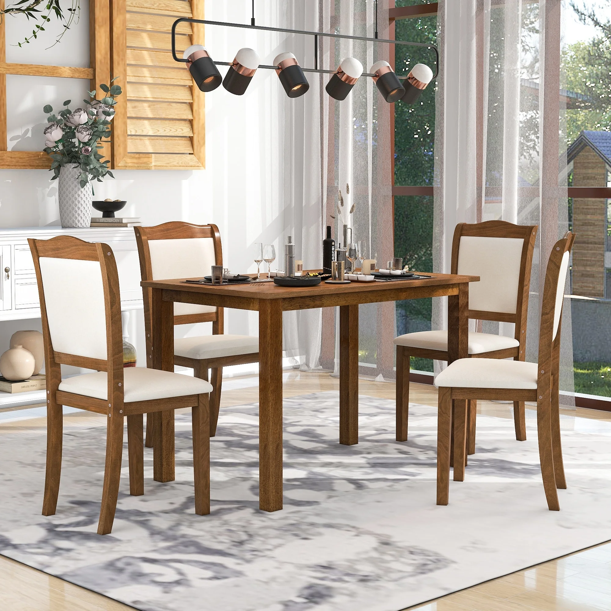 Elegant 5-Piece Wood Dining Table Set with Upholstered Chairs Walnut