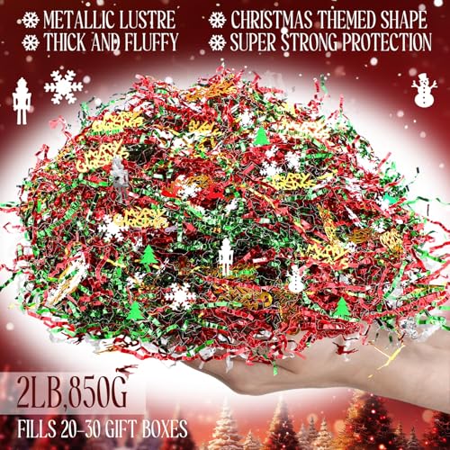 2lb Christmas Basket Stuffers Filler Metallic Red Green and Gold Crinkle Cut Paper Shred Filler with Nutcracker Xmas Tree Confetti Raffia Stuffing for Merry Christmas Gift Basket Packaging