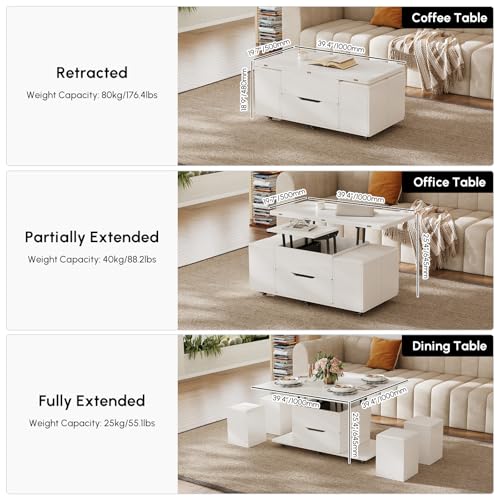 homary Black Lift-Top Coffee Table with Hidden Storage, 3-in-1 Modern Folding Center Table with 4 Stools, Casters, and Lockable Wheels – Convertible Dining & Office Table for Living Room