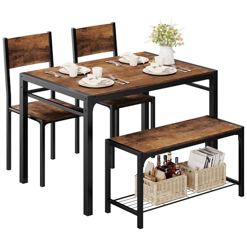 Shahoo Kitchen Table and 2 Chairs for 4 with Bench, 4 Piece Dining Sets for Small Space, Rustic Brown