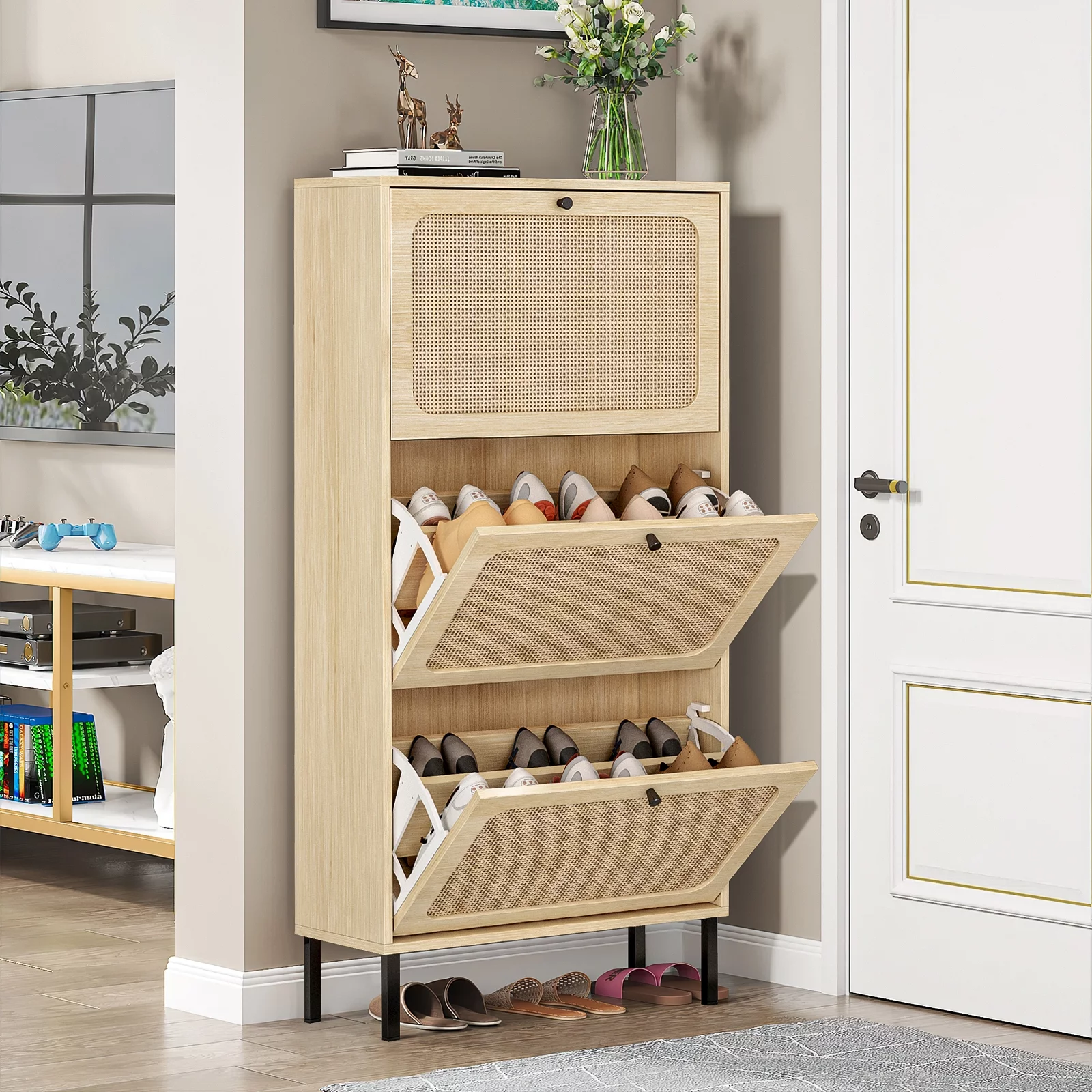 Sweiko Wooden Shoe Storage Cabinet with 3 Flip Drawers for Entryway Store 18 Pairs Natural Rattan