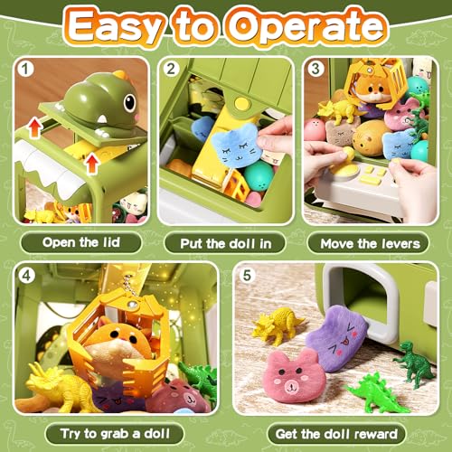 Dinosaur Claw Machine for Kids,Electronic Arcade Game Machine with Music,Mini Vending Machine Boys Birthday Toys Gifts Age 3+ Years,Includes 10 Plush Toys & 12 Dinosaur Accessories(Small)