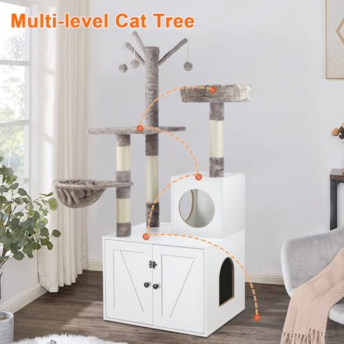 Cat Tree Tower with Litter Box Enclosure, 2-in-1 Wooden Cat Condo with Sisal Scratching Post, Hammock, Brown