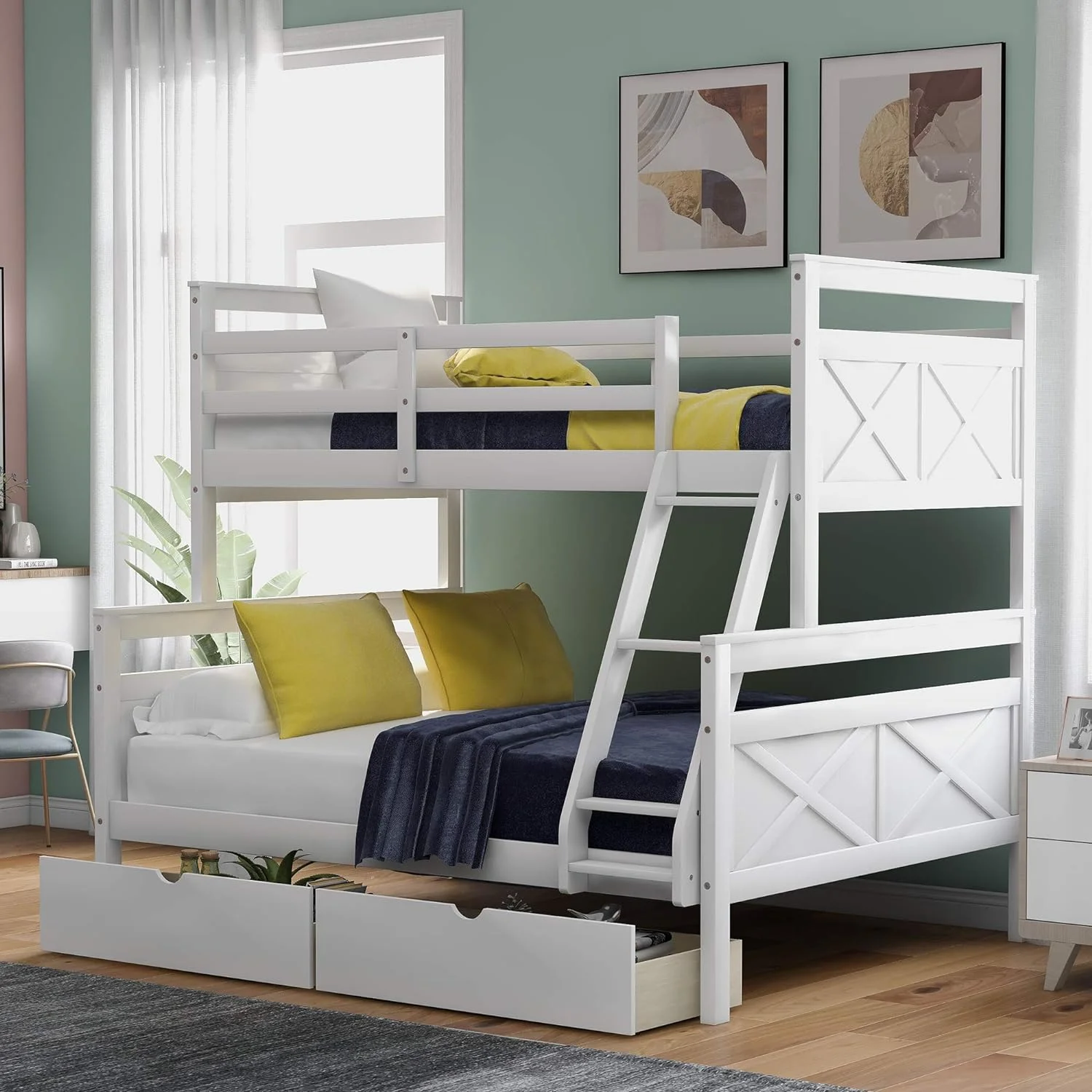 Wooden Bunk Bed With Two Storage Drawers, Ladder And Safety Guardrail, Convertible Into 2 Separated Beds, White
