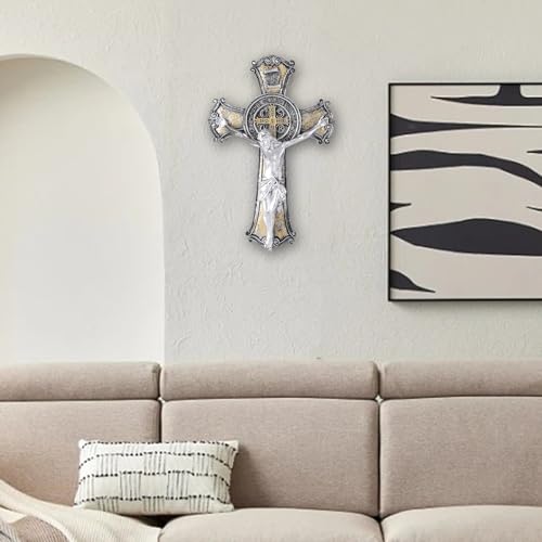Taprion Crucifix Wall Cross - Saint Benedict Resin Wall Art - 10 Inch Golden Cross Give Blessing and The Spiritual Sacred: Faith Gift for Your Acquaintances