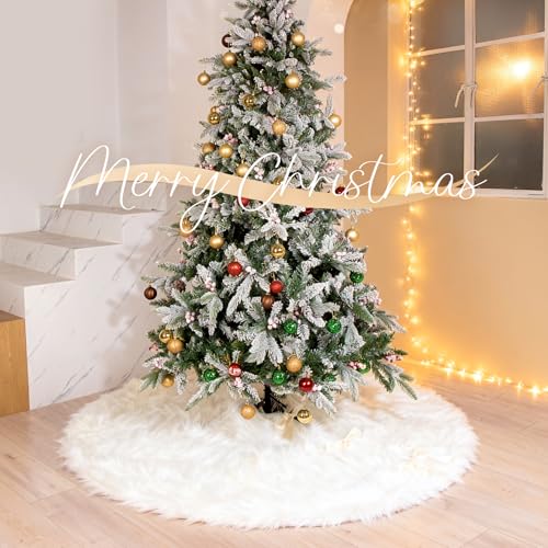 48 Inch Christmas Tree Skirt - Vonhen Extra Larger Thick Faux Fur Tree Skirt White Plush Skirt for Merry Chtistmas Party Christmas Tree Decoration