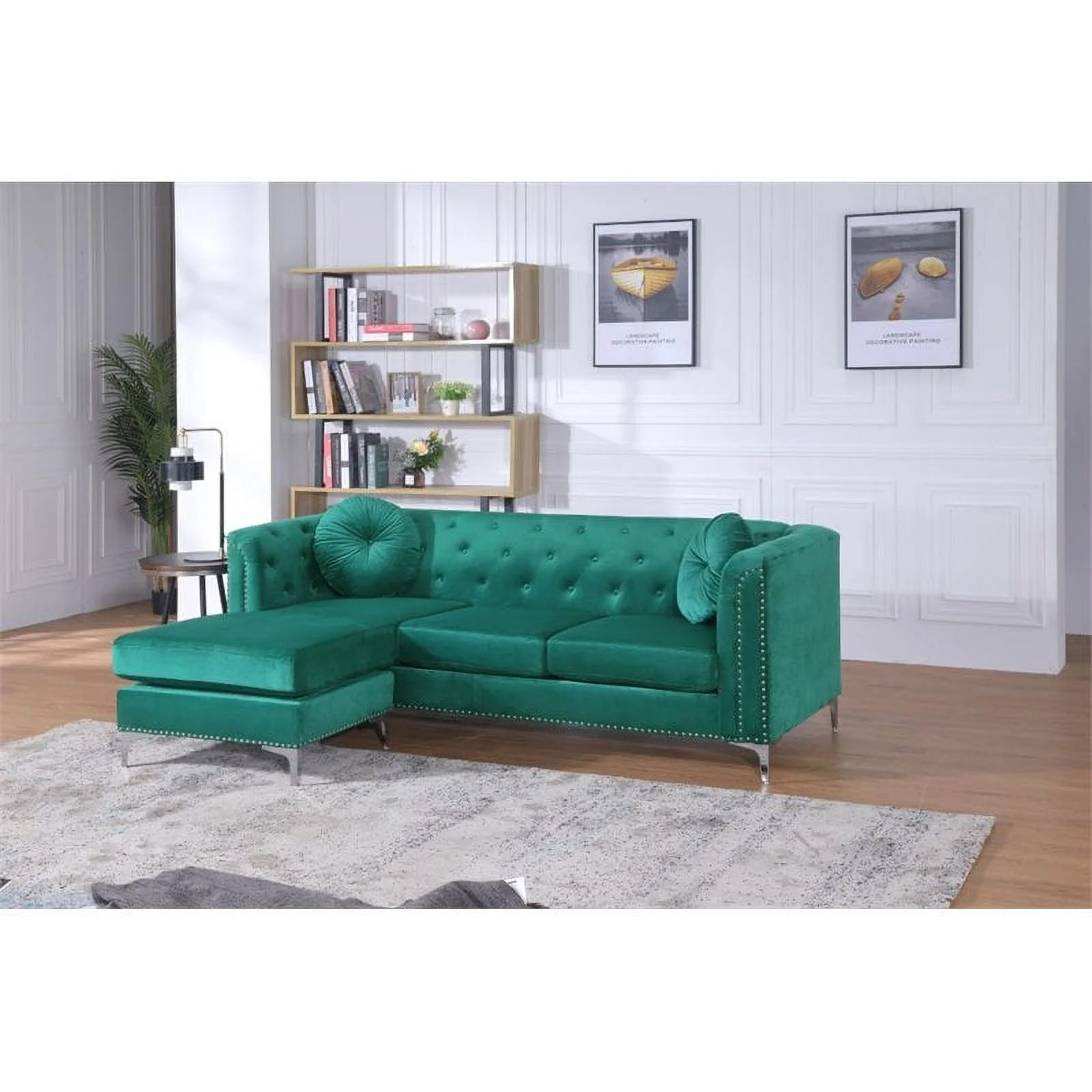 Home Square 2-Piece Set with Velvet Sofa Chaise and Loveseat in Green