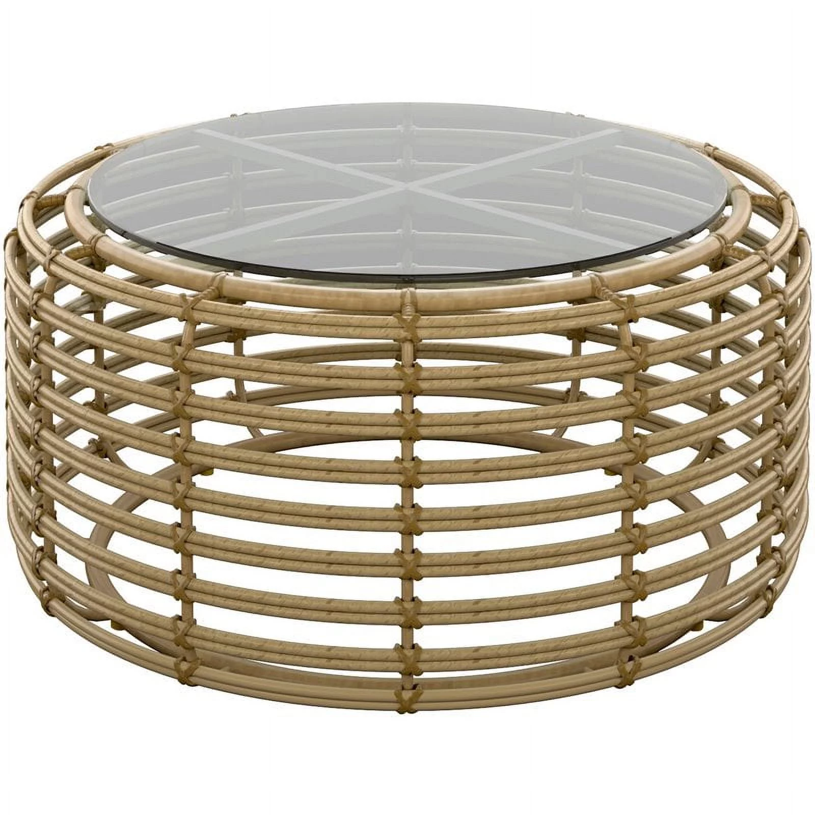 Afuera Living Round Patio Aluminum/Wicker Frame Coffee Table w/ Glass Top Beige