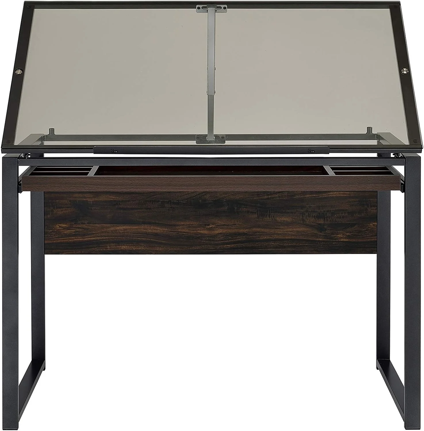 KBANZIBIU Pantano Glass Top Dark Gunmetal and Chestnut Drafting Desk 805571