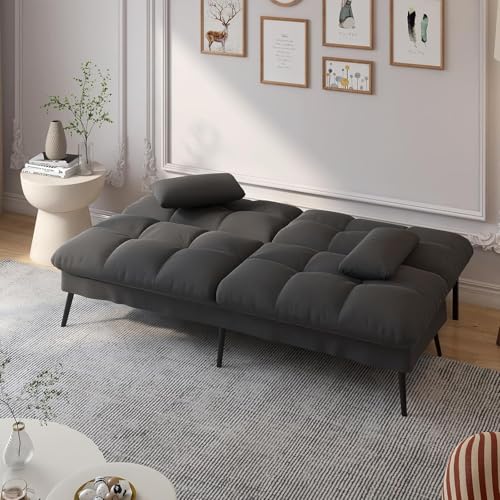 COMHOMA Convertible Sofa Bed,68″Fabric Couch with Adjustable Backrest,Loveseat Recliner Sleeper Living Room Furniture futon Set,Black