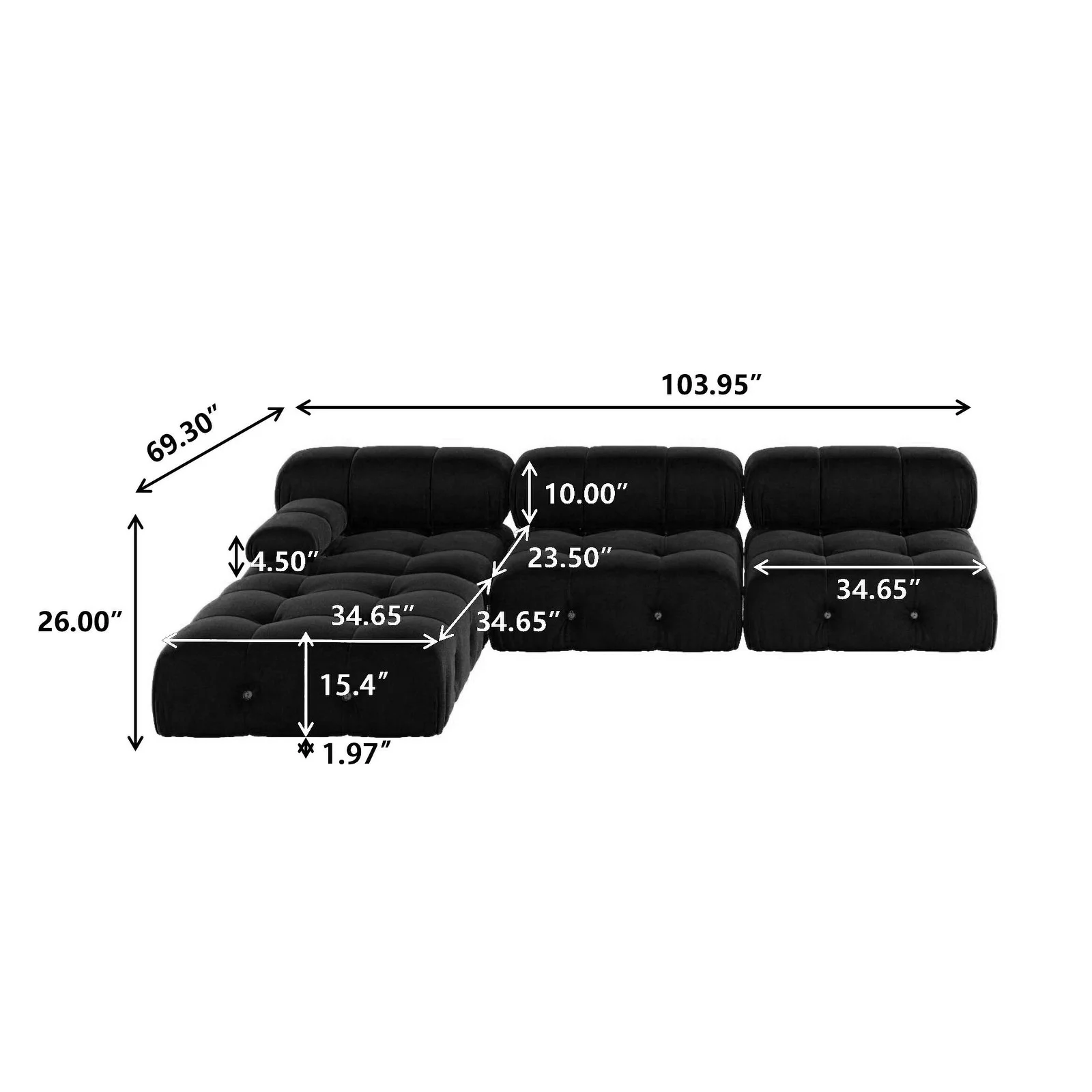 Black Modular Sectional Sofa Velvet Upholstered Sofa L-Shape