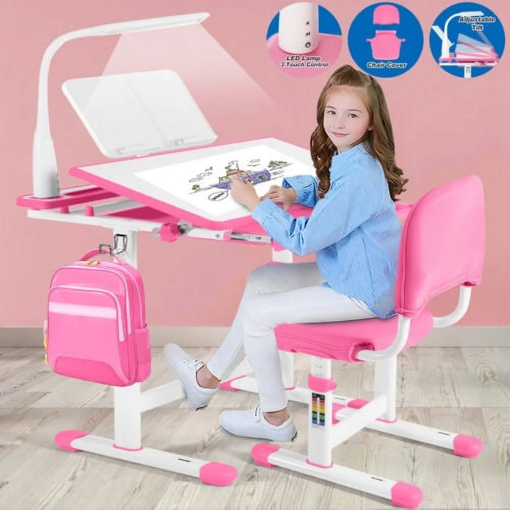 COSVALVE Height Adjustable Kids Study Desk & Chair Set Children Girl Table Large Writing Board Desk with LED Lamp,Drawer,Bookstand,Chair Cover(Pink)