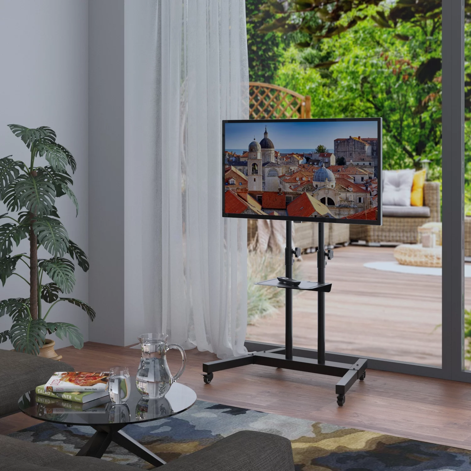 Modern Tall Mobile TV Cart for 32 to 65 inch TVs Black Rolling TV Stand with Wheels