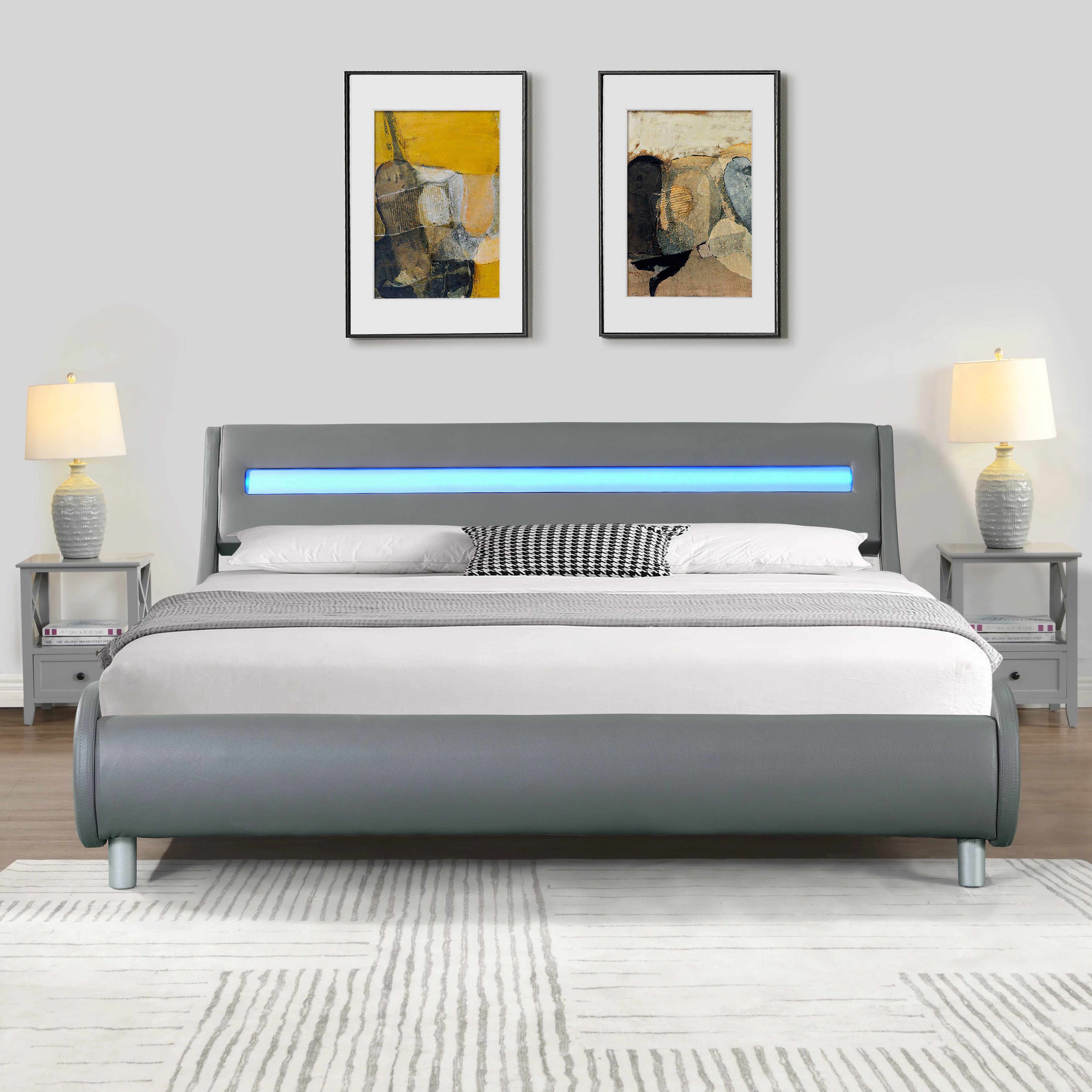 LANTRO JS Faux Leather Upholstered Platform Bed Frame with led lighting, Curve Design, Wood Slat Support, No Box Spring Needed, Easy Assemble, Queen Size, Gray