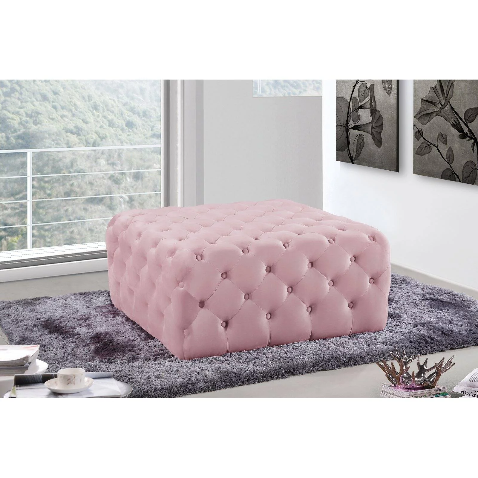 Meridian Furniture Ariel Button Tufted Black Velvet Ottoman and Bench
