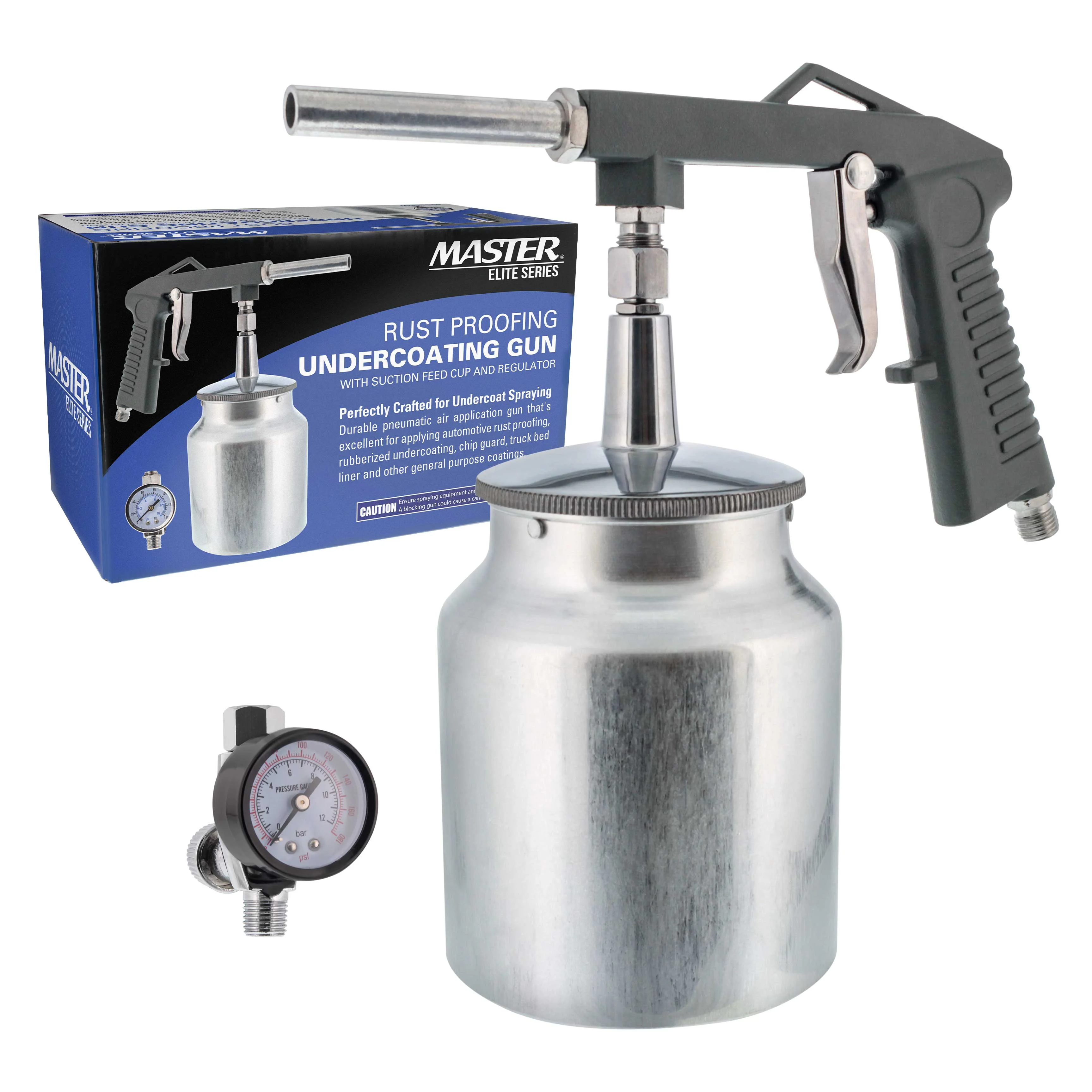 Master Elite Air Undercoating Spray Gun with Regulator & Suction Feed Cup - Apply Sprayable Truck Bed Liner Coating, Rubberized Undercoat, Rust Proofing Paint, Pneumatic Automotive Application Sprayer