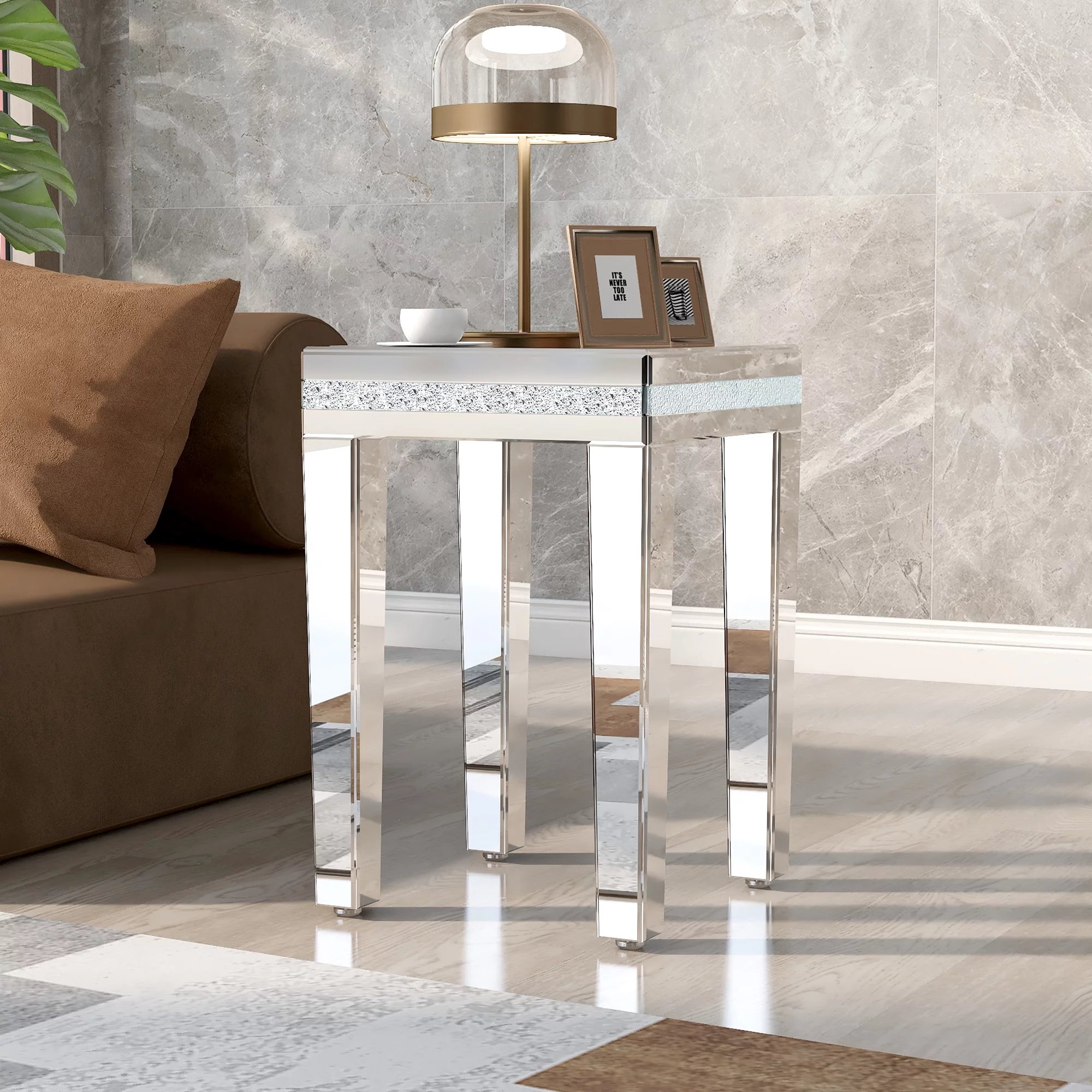 CoSoTower Fashionable Modern Glass Mirrored Side Table, Easy Assembly End Table with Crystal Design and Adjustable Height Legs, Silver
