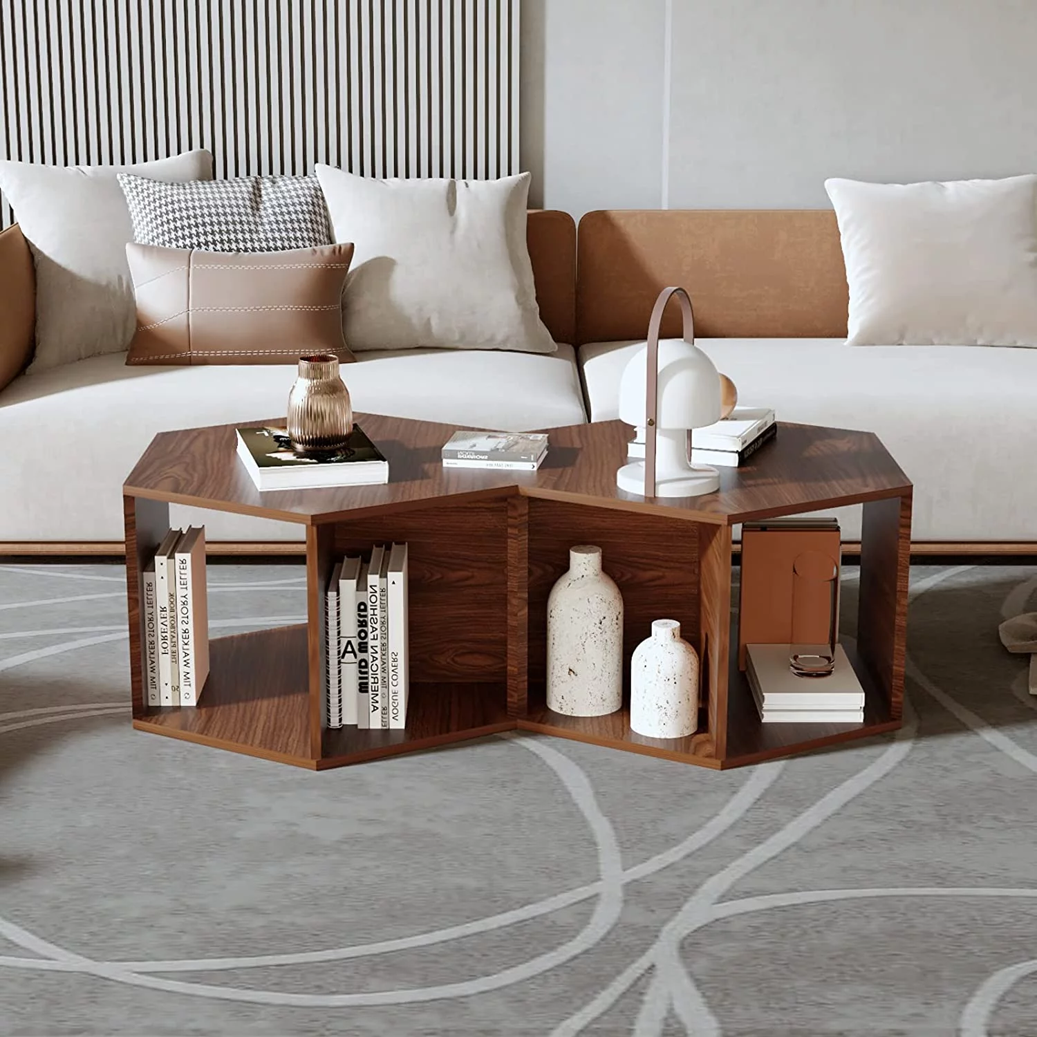 WELLAND Hexagonal Multifunctional Coffee Table, Walnut Finished