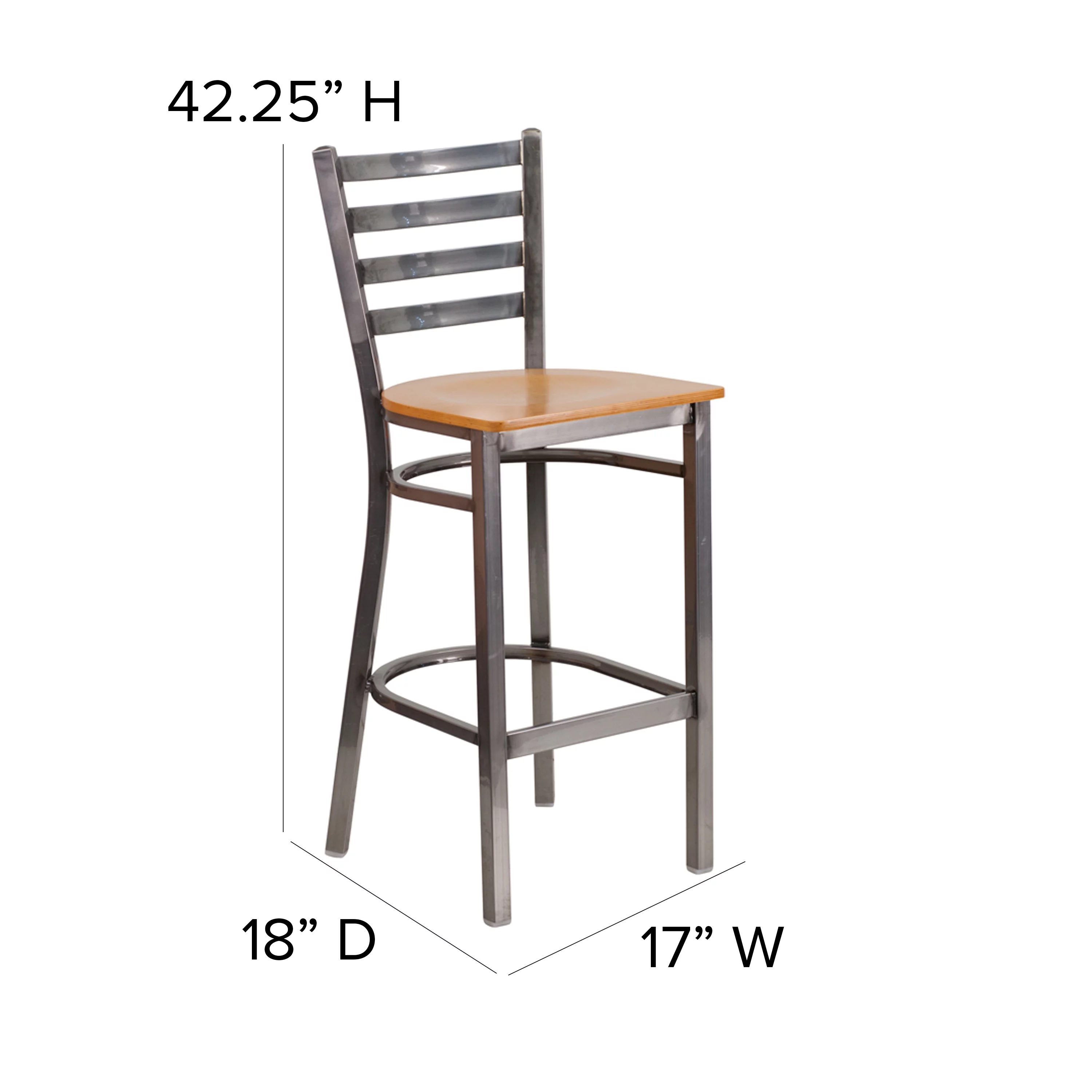 Emma + Oliver Clear Coated Metal Ladder Back Barstool, Natural Wood Seat