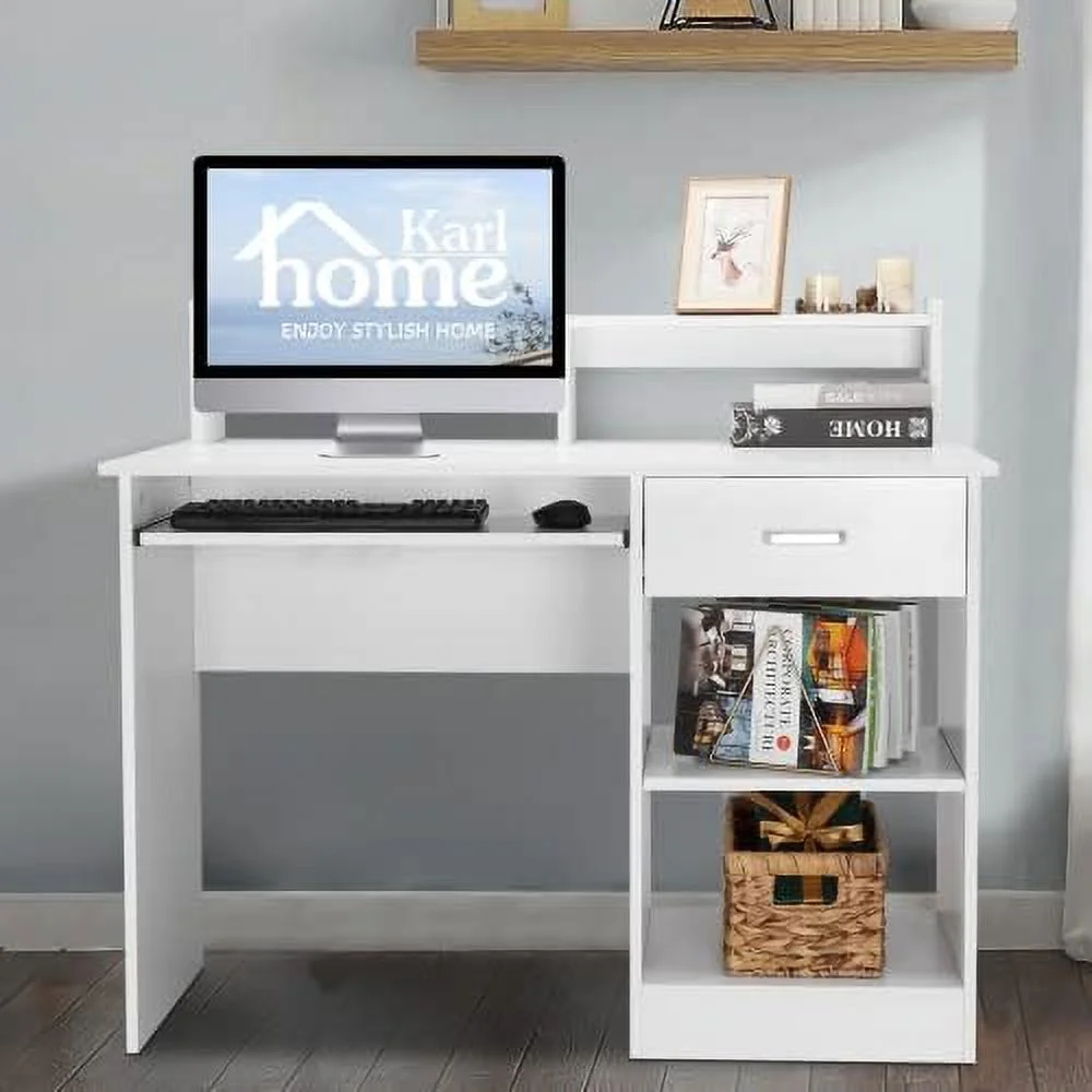 Computer Desk Study Writing Desk  Wooden  Office Workstation PC Laptop Table with Drawer Shelf Keyboard Tray  White