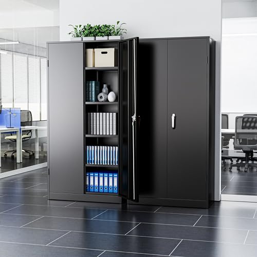 Greenvelly Metal Storage Cabinet with Lock, Steel Garage Storage Cabinet with 2 Doors and Adjustable Shelves, File Organization for Office, Home, Garage, School (Black)