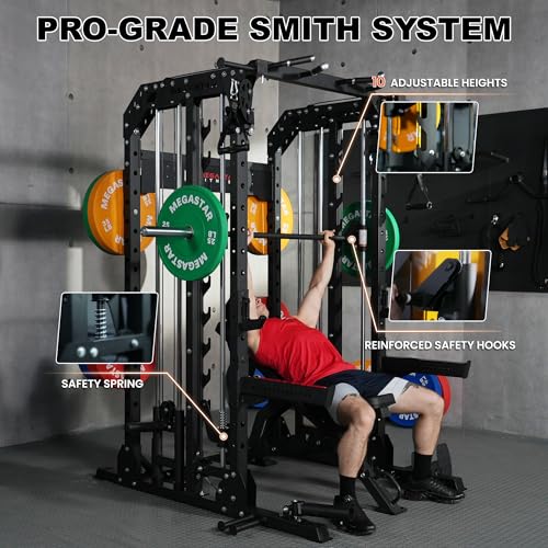 Smith Machine Home Gym with Aluminum Pulley Set - 2000lbs Capacity All-in-One Power Rack with Cable Crossover, Pull-Up Bar & Dip Station, Includes 18 Attachments, P107 Anvil