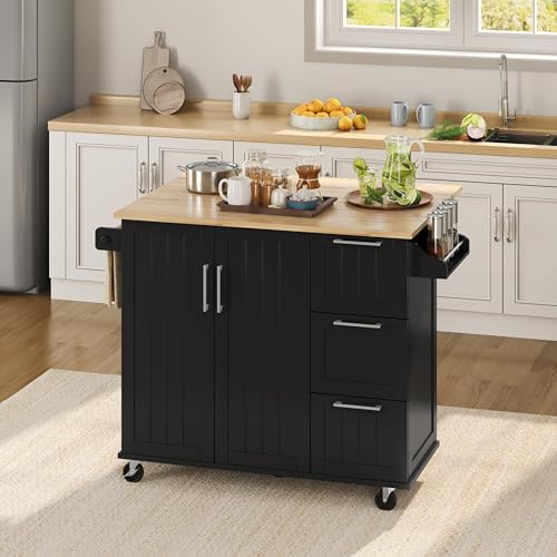 Yaheetech Kitchen Island Cart with Drop-Leaf Countertop, Rolling Kitchen Island Breakfast Bar Table on Wheels with Storage Cabinet & 3 Drawers & Spice Rack for Dinning Room, 49