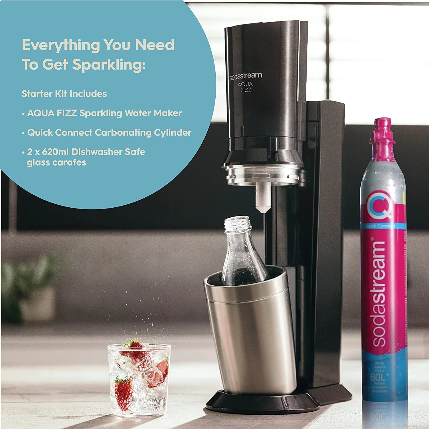 SodaStream Aqua Fizz Sparkling Water Maker Kit (Black) with Co2 & Glass Carafes