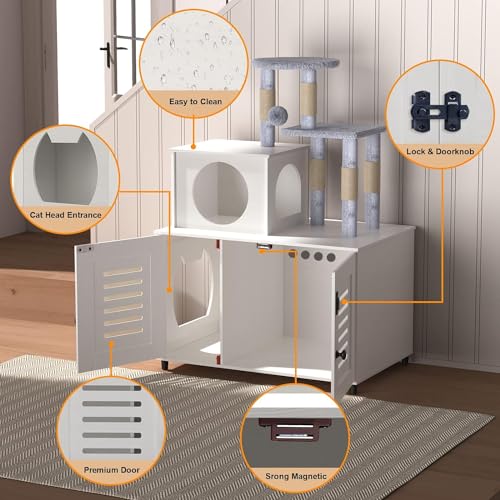 White All-in-one Cat Cabinet with Litter Box Enclosure, Scratching Post, Soft Plush Perch and Divider