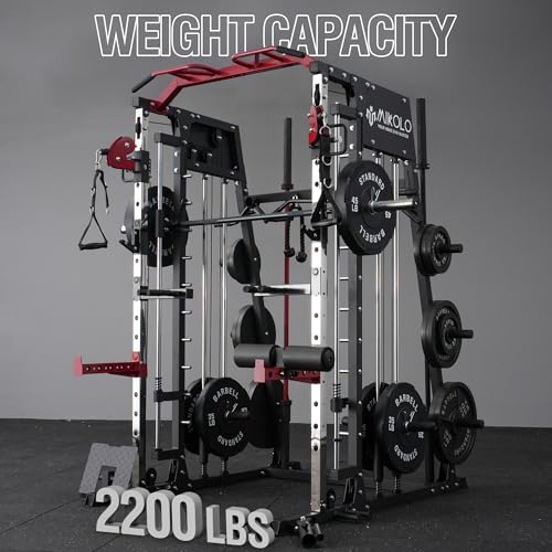 Mikolo Smith Machine, 2200lbs Squat Rack with LAT-Pull Down System & Cable Crossover Machine, Power Cage with Leg Hold-Down Attachment, Red