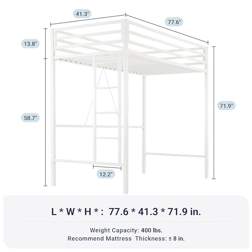 Allewie Metal Loft Bed Twin Size with Guardrail and Ladder, Small Space Saving Design for Bedroom Kid Room and Dorm, No Box Spring Needed, Black