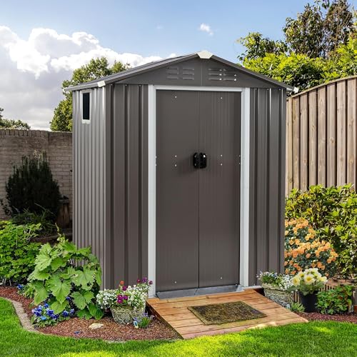 Shintenchi 5x3 FT Outdoor Storage Shed with Window, Lockable Outdoor Waterproof Tool Storage Sheds, Weather Resistant Tool Storage House Shed for Garden, Backyard, Patio Utility and Tool Storage, Gray