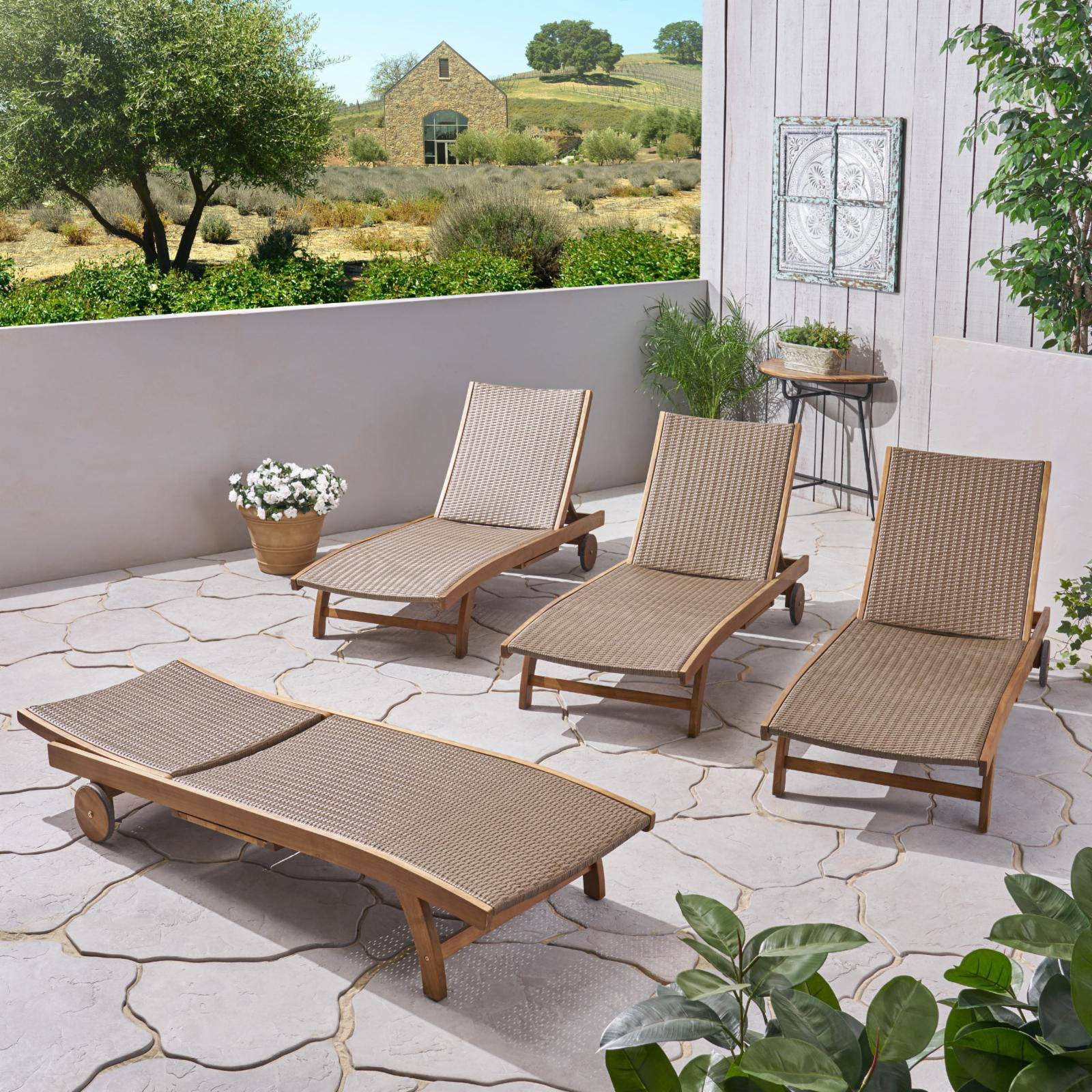 Callister Outdoor Wicker and Wood Chaise Lounge with Pull-Out Tray- Set of 4 - Teak and Brown
