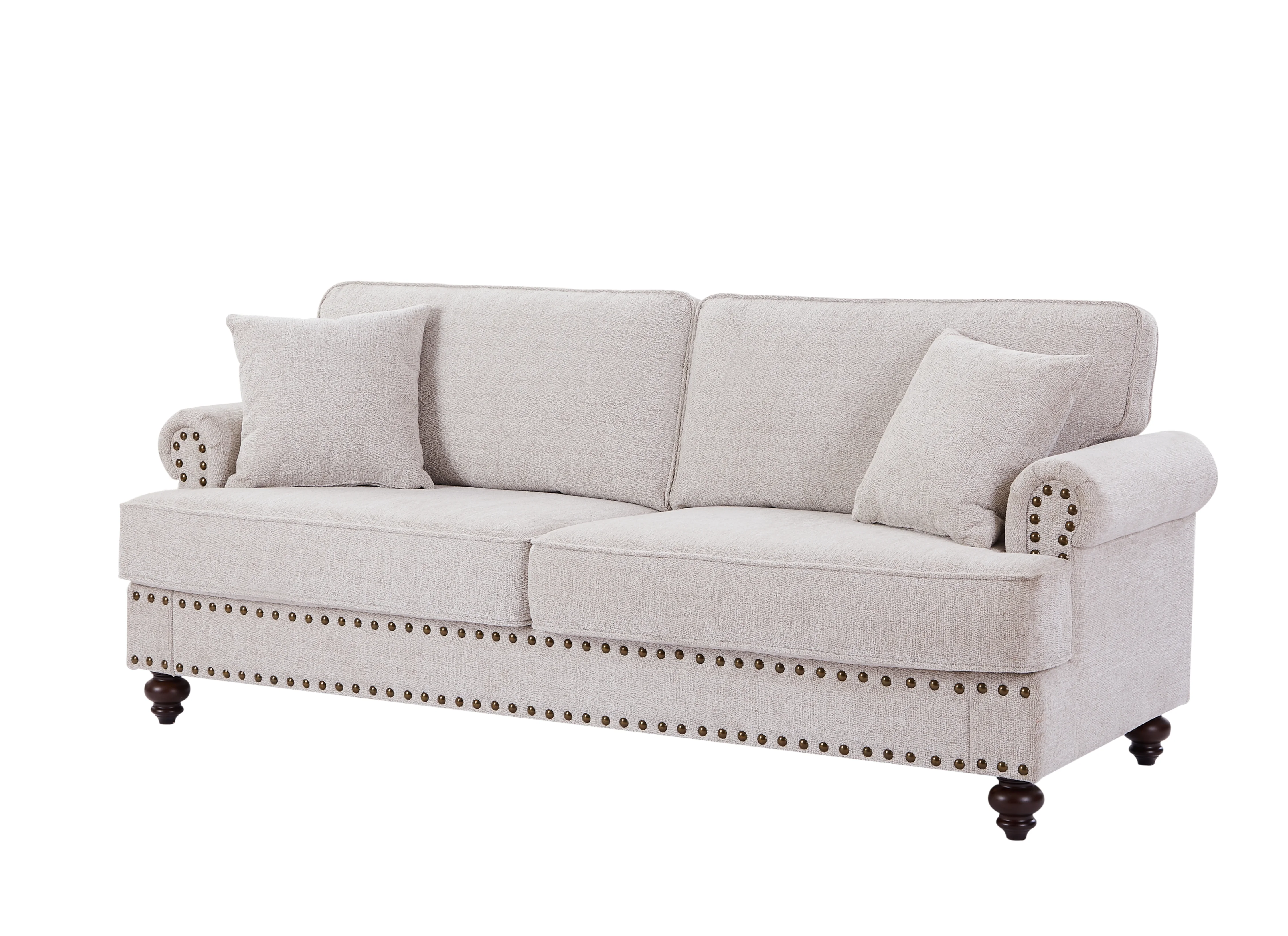 Modern 3 Seater Chenille Upholstered Sofa Couch with Nailhead Trim and Pillows Solid Wood Legs for Living Room Office Apartment
